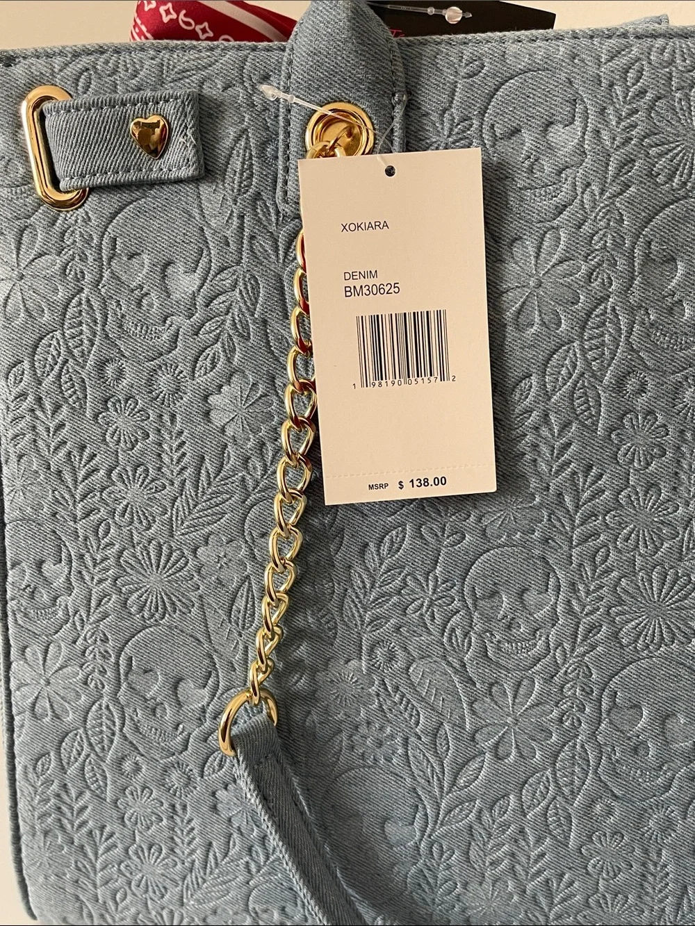 Betsey Johnson Light Blue denim skull Embossed Tote with Red Bandana Bow